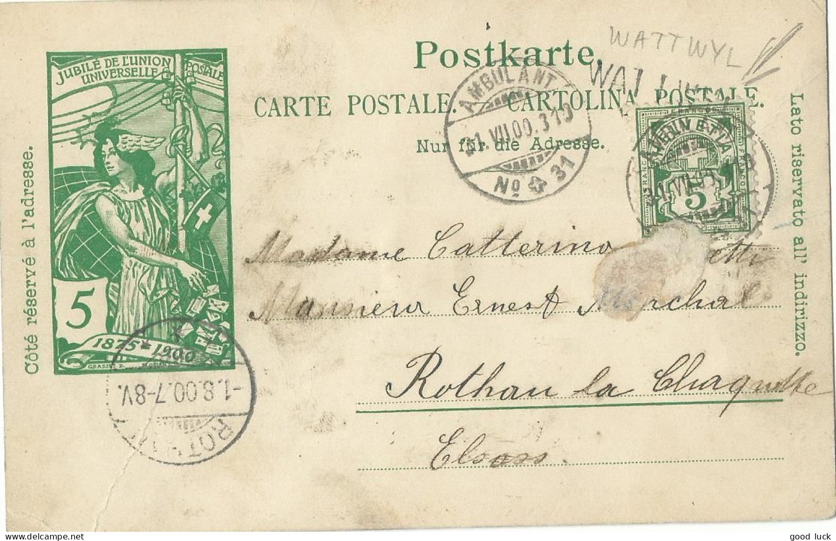 SUISSE CARTE 5c+5c MARQUE LINEAIRE WATTWYL + AMBULANT N°31 POUR ROTHAU ( BAS RHIN )  DE 1900  LETTRE COVER - Ganzsachen