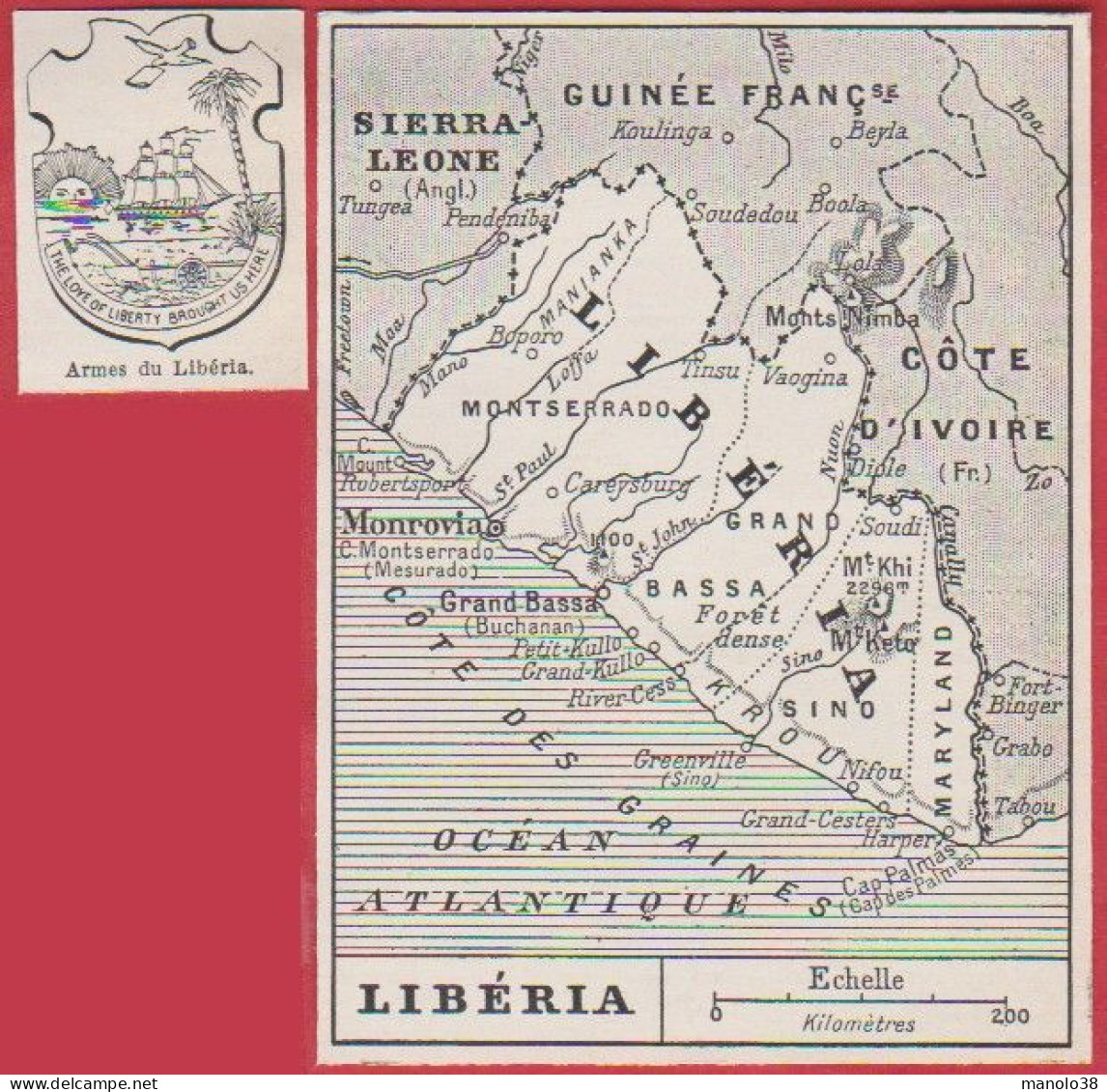 Carte Du Liberia. Armes Du Liberia. Afrique. Larousse 1948. - Documentos Históricos