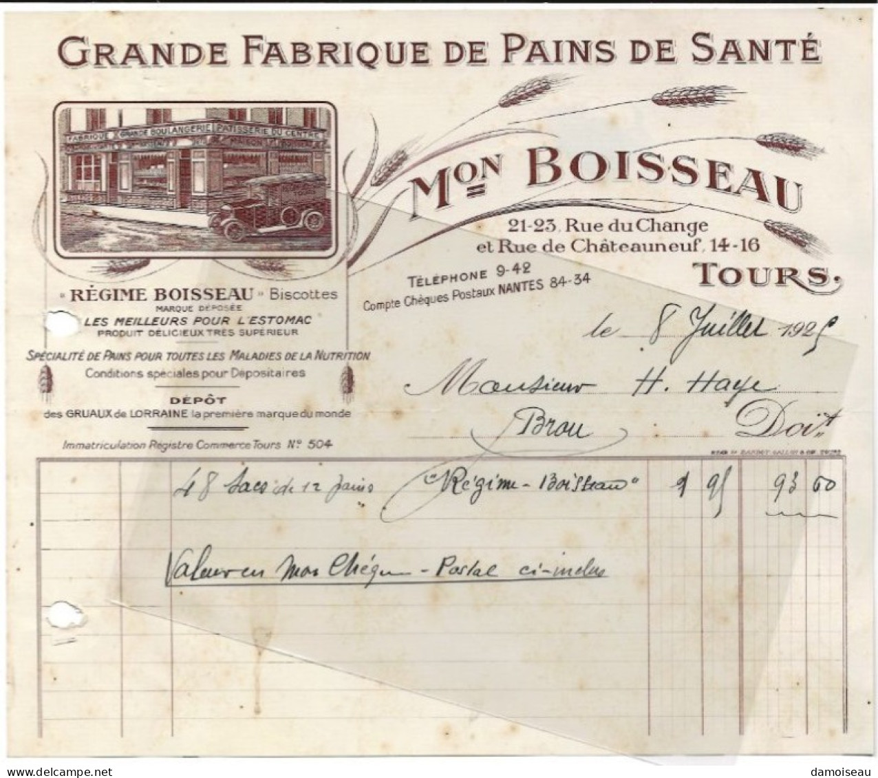 37, Tours, Boulangerie Boisseau, Grande Fabrique De Pains De Santé. 1925. - 1900 – 1949