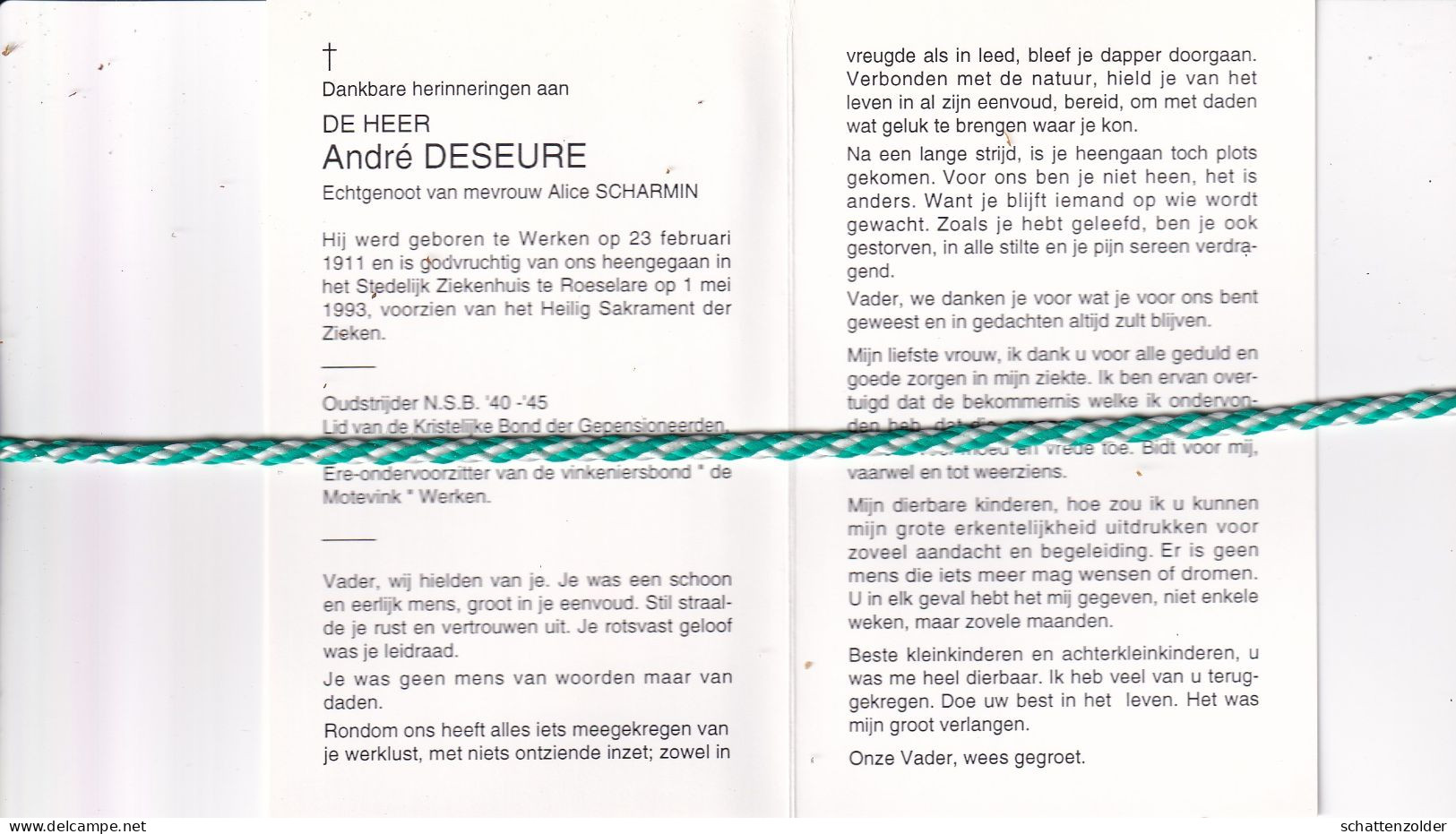 André Deseure-Scharmin, Werken 1911, Roeselare 1993. Oud-strijder 40-45; Foto - Avvisi Di Necrologio