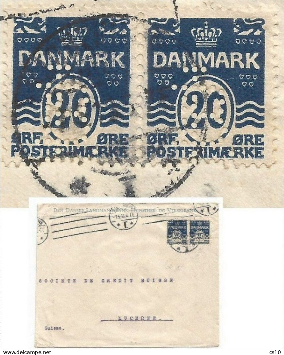 Danmark Perfin "LB" Regular Issue O.20 (pair) Denske Landmandsbank Hypotek Vekselbank Kobenhavn 7may1913 X Suisse - Perforadas