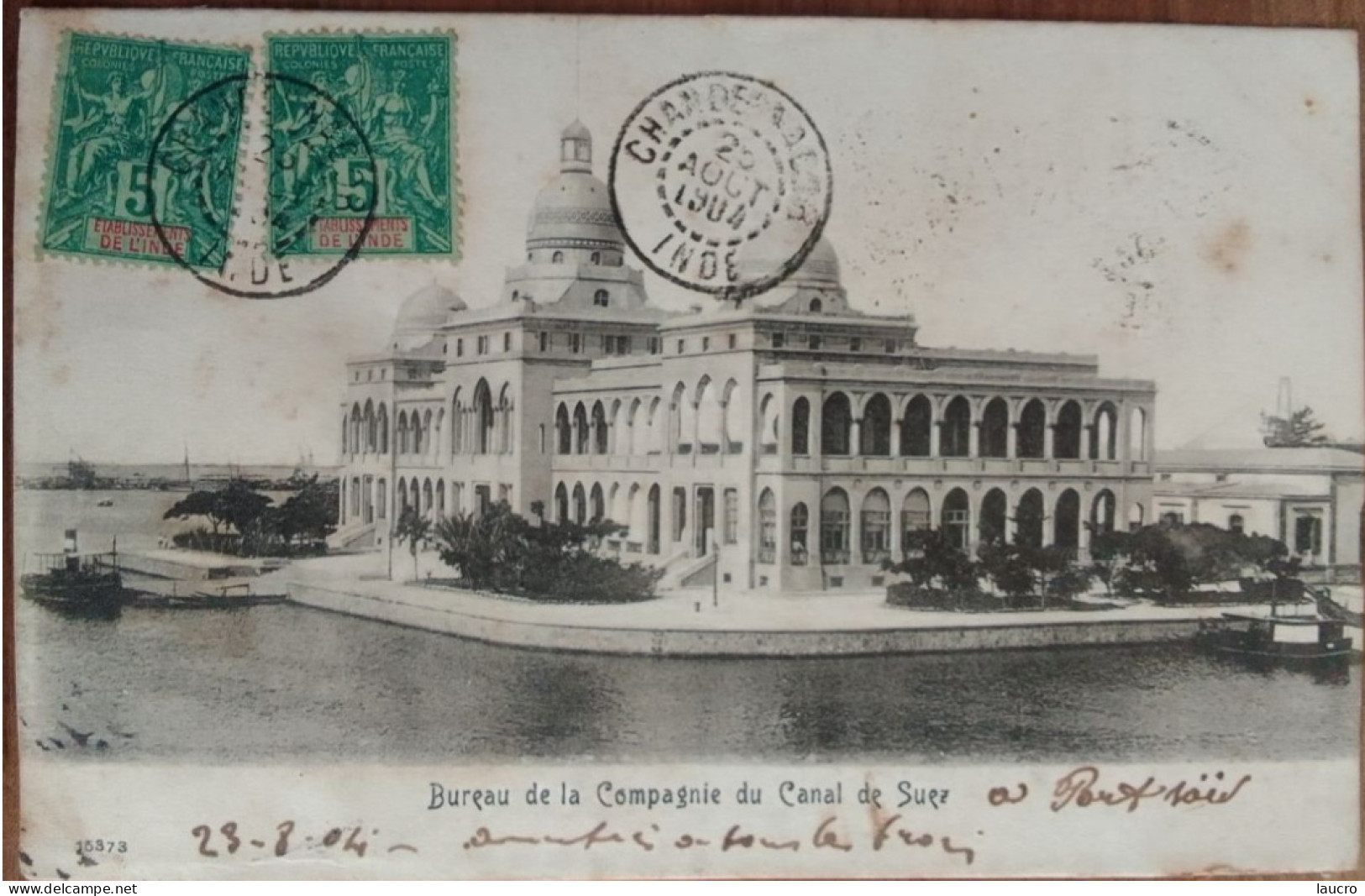 Cachet Chandernagor 1904 Timbres 5 Centimes N°4 Sur Carte Postale Suez Cachet D'arrivée Auterive Au Dos - Briefe U. Dokumente