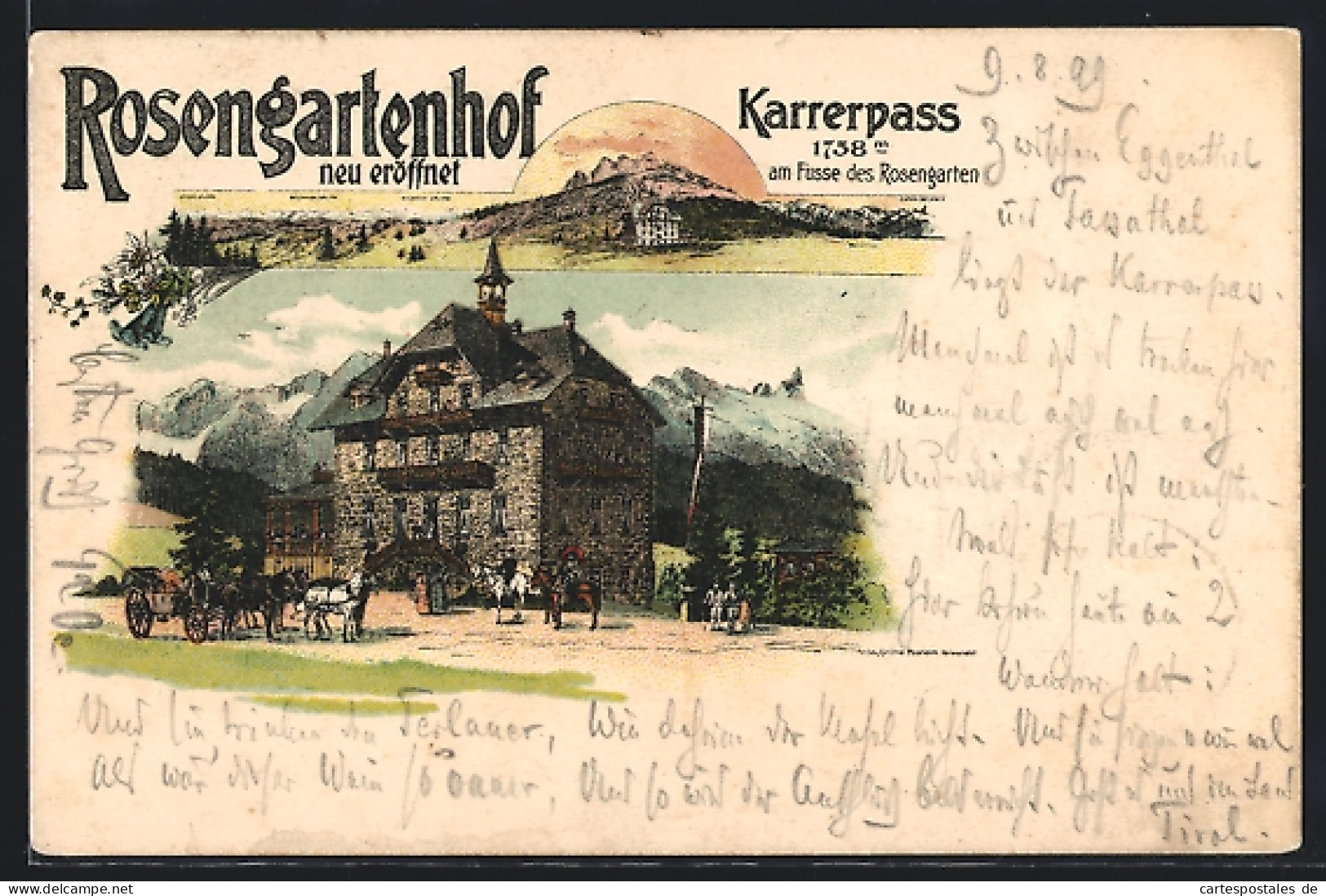 Lithographie Karerpass, Hotel Rosengartenhof Am Fusse Des Rosengarten  - Autres & Non Classés