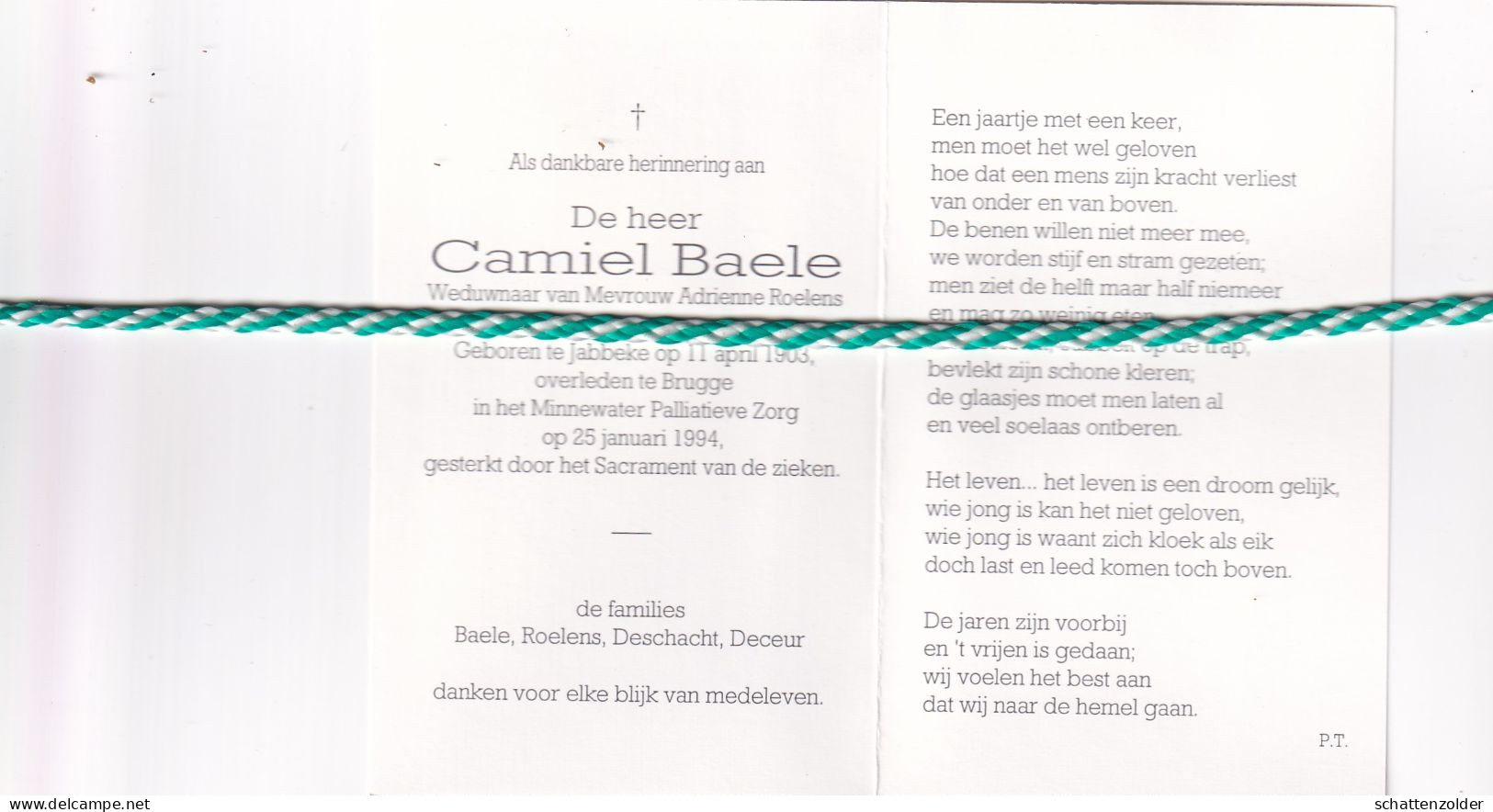 Camiel Baele-Roelens, Jabbeke 1903, Brugge 1994. Foto - Avvisi Di Necrologio