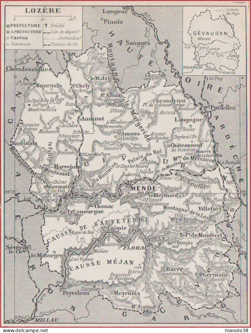 Carte Du Département De Lozère (48). Préfecture, Sous Préfecture, Chef Lieu, Communes ... Chemin De Fer. Larousse 1948. - Documents Historiques