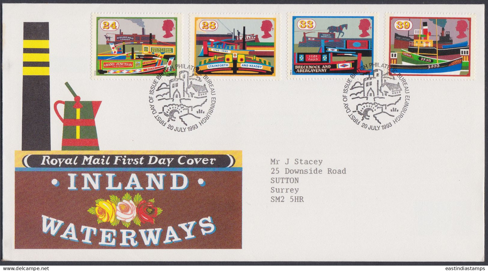 GB Great Britain 1993 FDC Inland Waterways, Boat, Ship, Boats, Ships, Pictorial Postmark, First Day Cover - Lettres & Documents