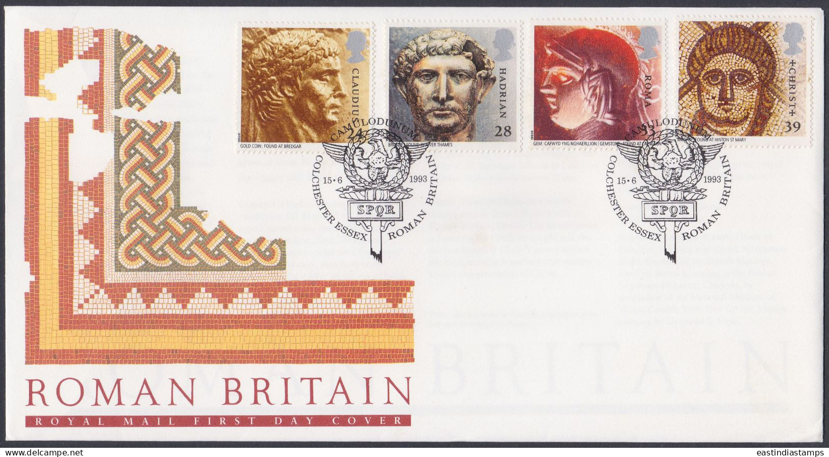 GB Great Britain 1993 FDC Roman, Rome, Mosaic, Golden Coin, Hadrian, Pictorial Postmark, First Day Cover - Lettres & Documents