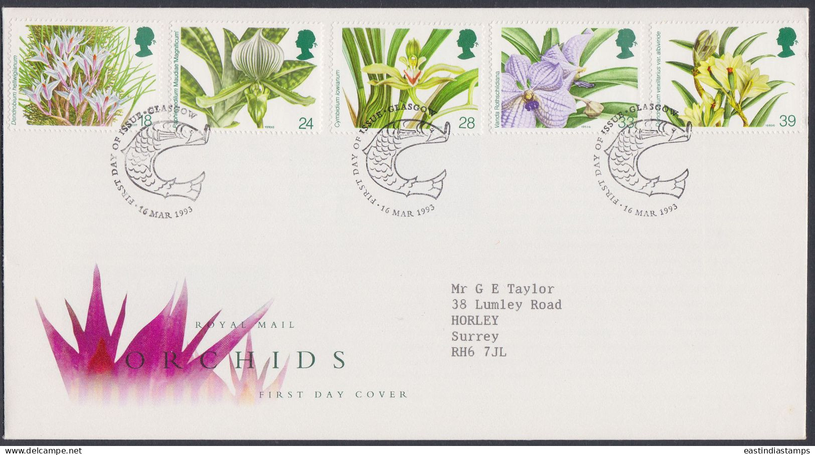 GB Great Britain 1993 FDC Orchids, Orchid, Flower, Flowers, Pictorial Postmark, First Day Cover - Brieven En Documenten