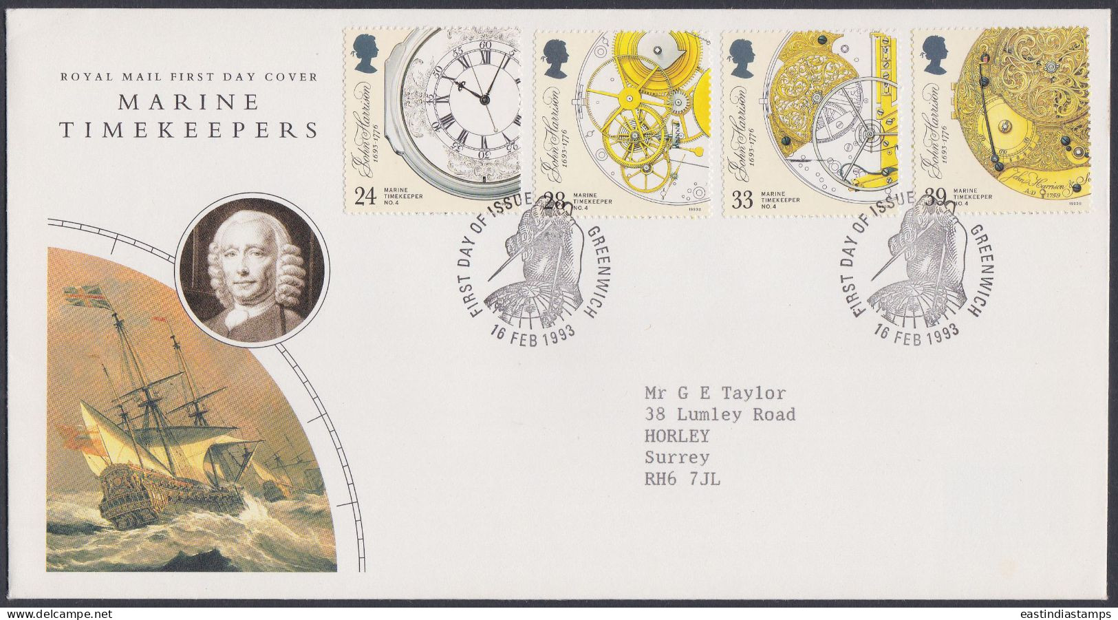 GB Great Britain 1993 FDC Marine Timekeepers, John Harrison Ship, Ships, Navy, Pictorial Postmark, First Day Cover - Brieven En Documenten