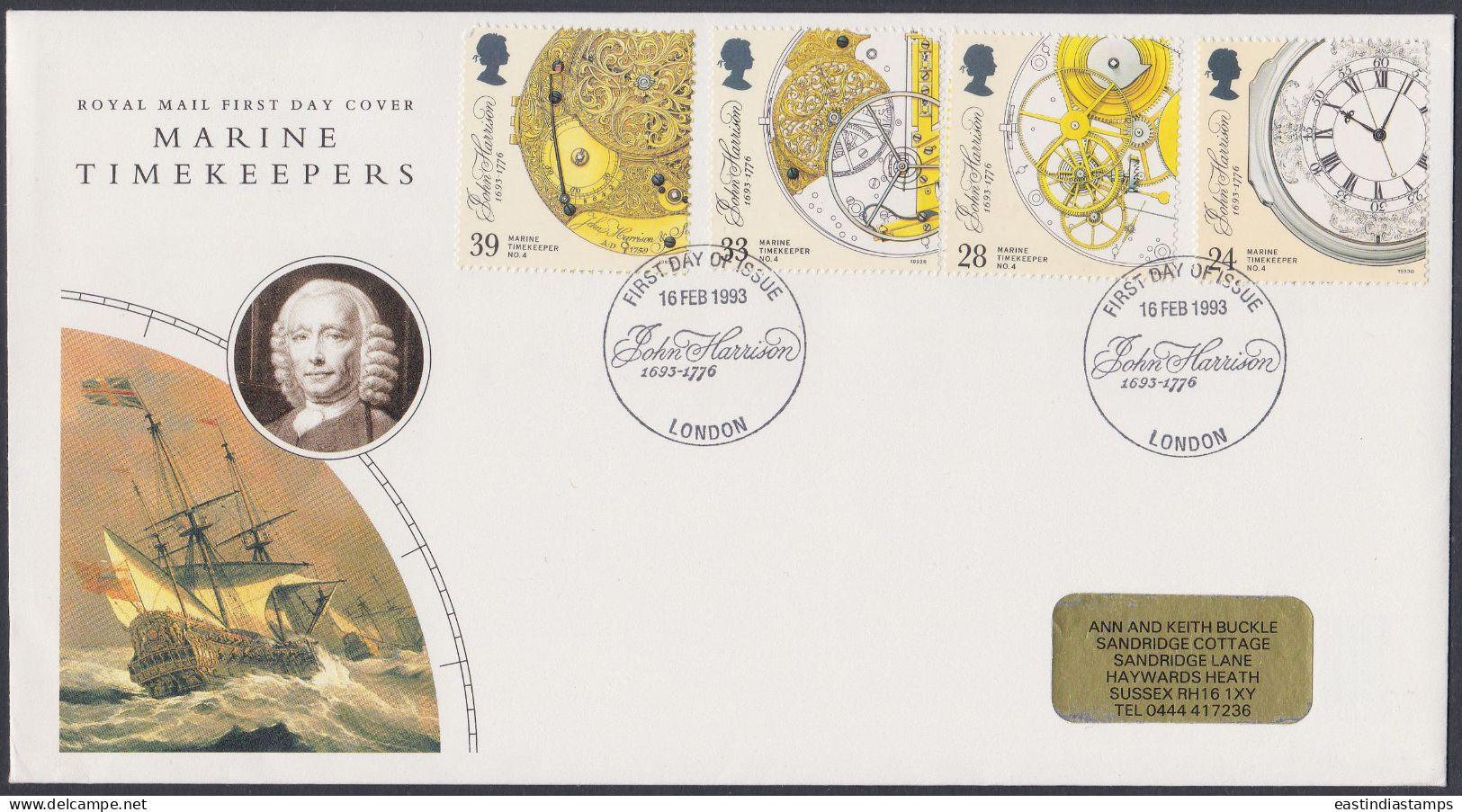 GB Great Britain 1993 FDC Marine Timekeepers, John Harrison Ship, Ships, Navy, Pictorial Postmark, First Day Cover - Storia Postale