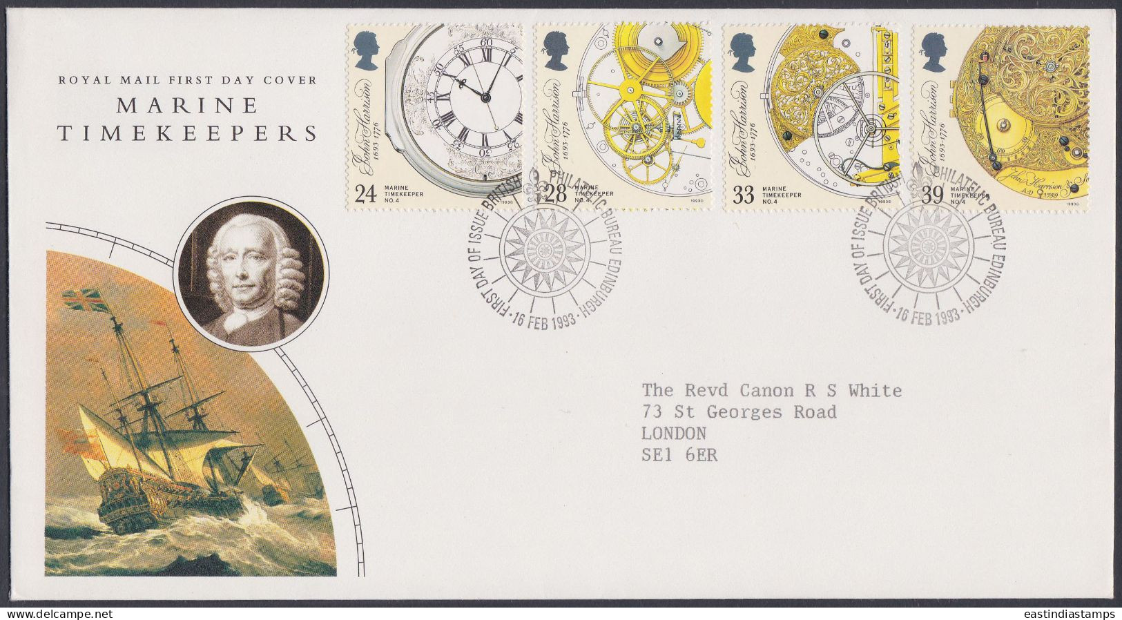 GB Great Britain 1993 FDC Marine Timekeepers, John Harrison Ship, Ships, Navy, Pictorial Postmark, First Day Cover - Cartas & Documentos