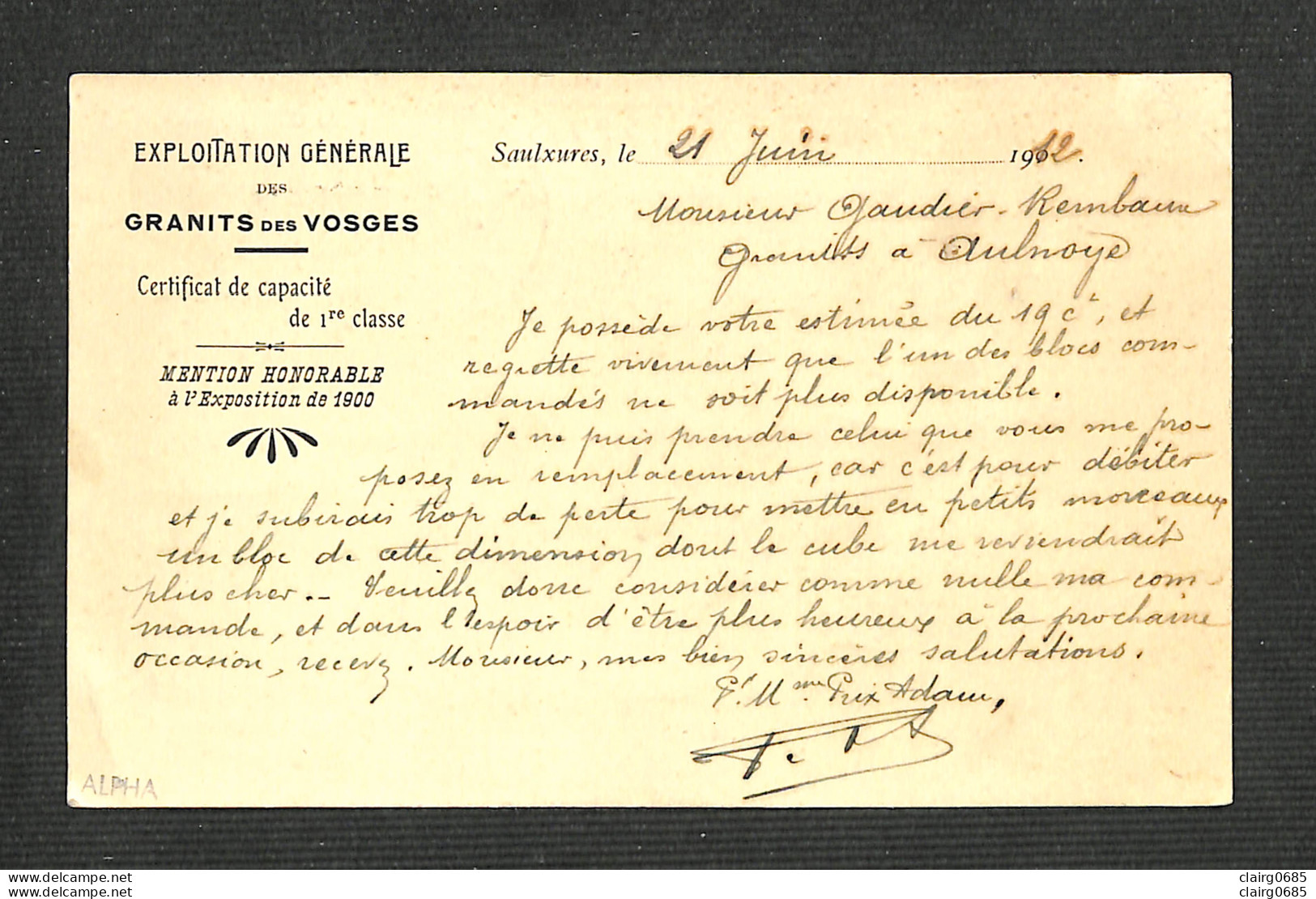 88 - SAULXURES SUR MOSELOTTE - Carte PUB - PRIX-ADAM - Exploitation Générale De GRANITS Des VOSGES - 1912 - RARE - Saulxures Sur Moselotte