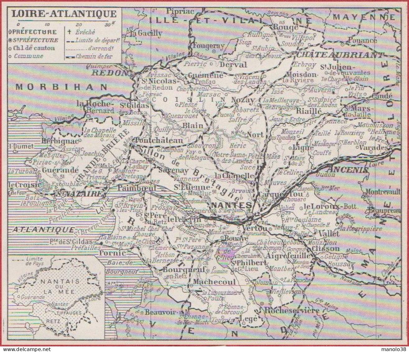 Carte Du Département De Loire Atlantique (44). Préfecture, Sous Préfecture, Chef Lieu ... Chemin De Fer. Larousse 1948. - Historische Documenten