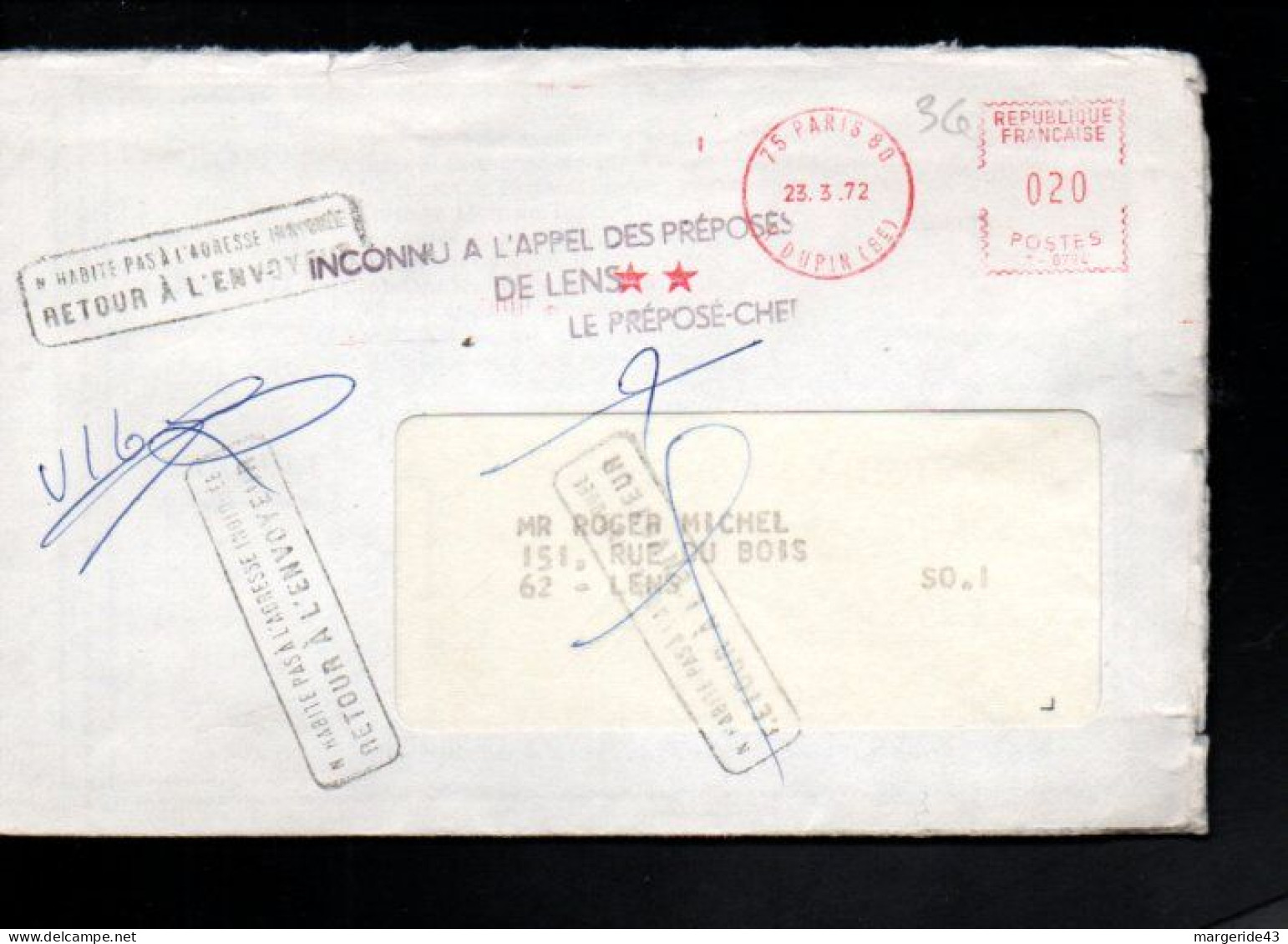 GRIFFE INCONNU A L'APPEL DES PREPOSES DE LENS   LE PREPOSECJHEF 1972 - Manual Postmarks
