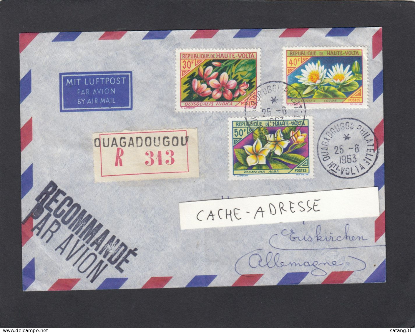 LETTRE RECOMMANDEE PAR AVION DE OUAGADOUGOU,AVEC 3 TIMBRES "FLEURS" POUR L'ALLEMAGNE,1963. - Opper-Volta (1958-1984)