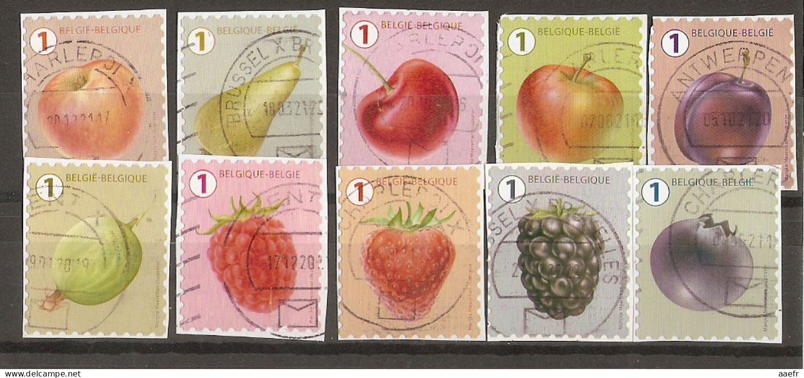 Belgique 2018 - Fruits - Série Complète De 10 Timbres° Sur Fragments - Grosse Dentelure - Pomme - Cerise - Fraise - Mûre - Autres & Non Classés