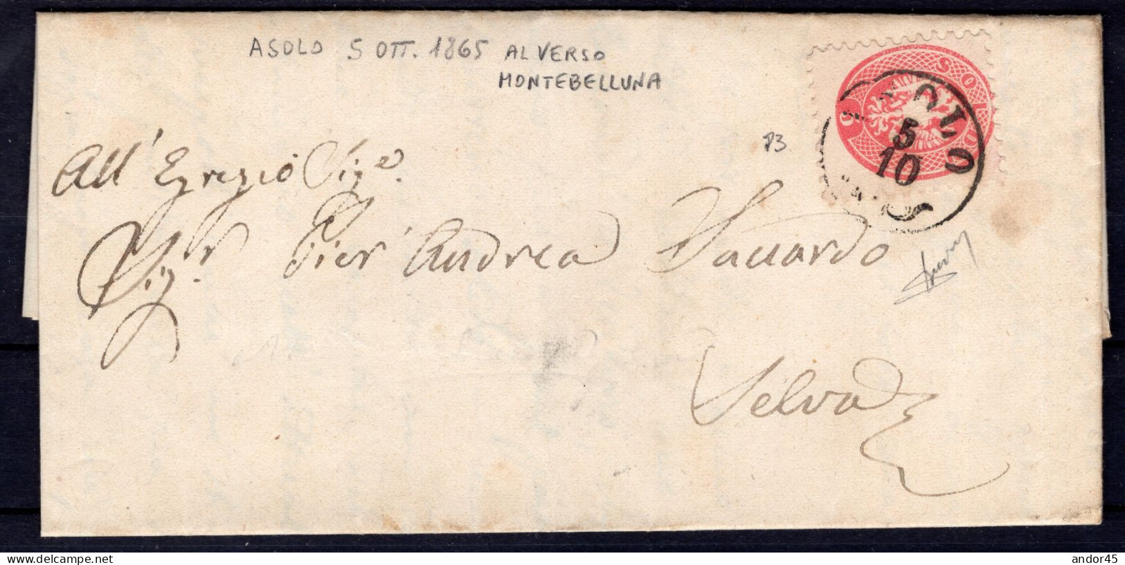 1865 5 OTT S.5 SASS.38  USATO CON ANNULLO AL VERSO MONTEBELLUNA P3 SU PIEGO DI LETTERA DA ASOLO    FIRMATO PERITO CV 210 - Lombardy-Venetia