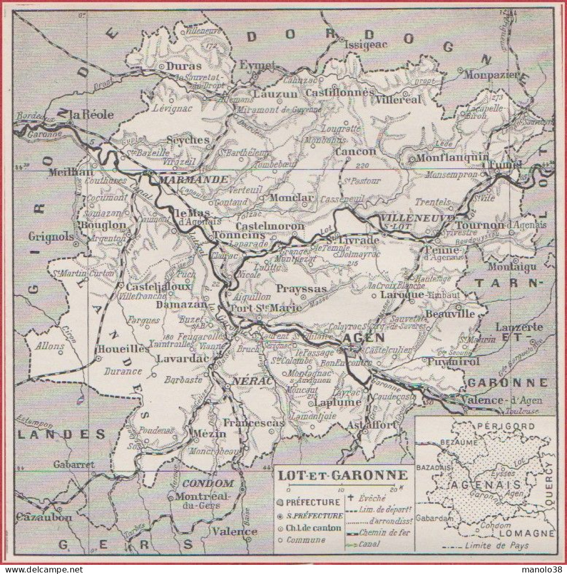 Carte Du Département Du Lot Et Garonne (47), Préfecture, Sous Préfecture, ... Chemin De Fer, Canal. Larousse 1948. - Documentos Históricos