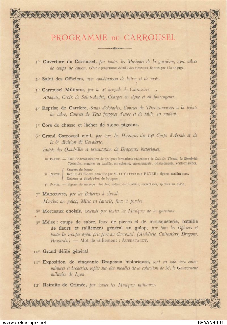 GRAND CAROUSSEL MILITAIRE De LYON - 7 & 10 JUIN 1888 - PROGRAMME ILLUSTRE Du CAROUSSEL (21x29cm) - Documents Historiques