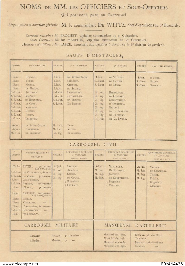 GRAND CAROUSSEL MILITAIRE De LYON - 7 & 10 JUIN 1888 - MUSIQUE - PROGRAMME Des MORCEAUX (21x29cm) - Historische Dokumente