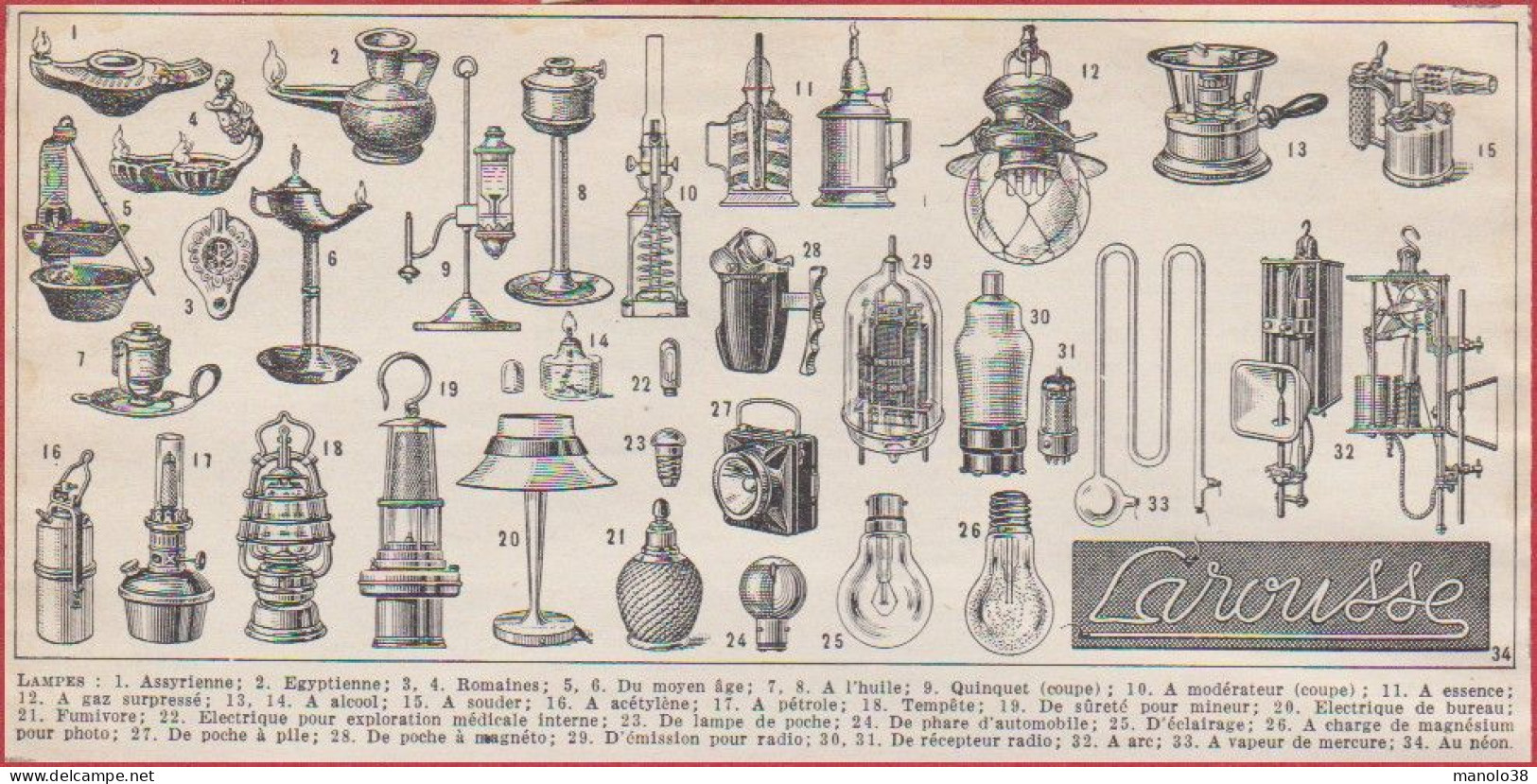 Lampe. Divers Types De Lampes. Larousse 1948. - Historical Documents