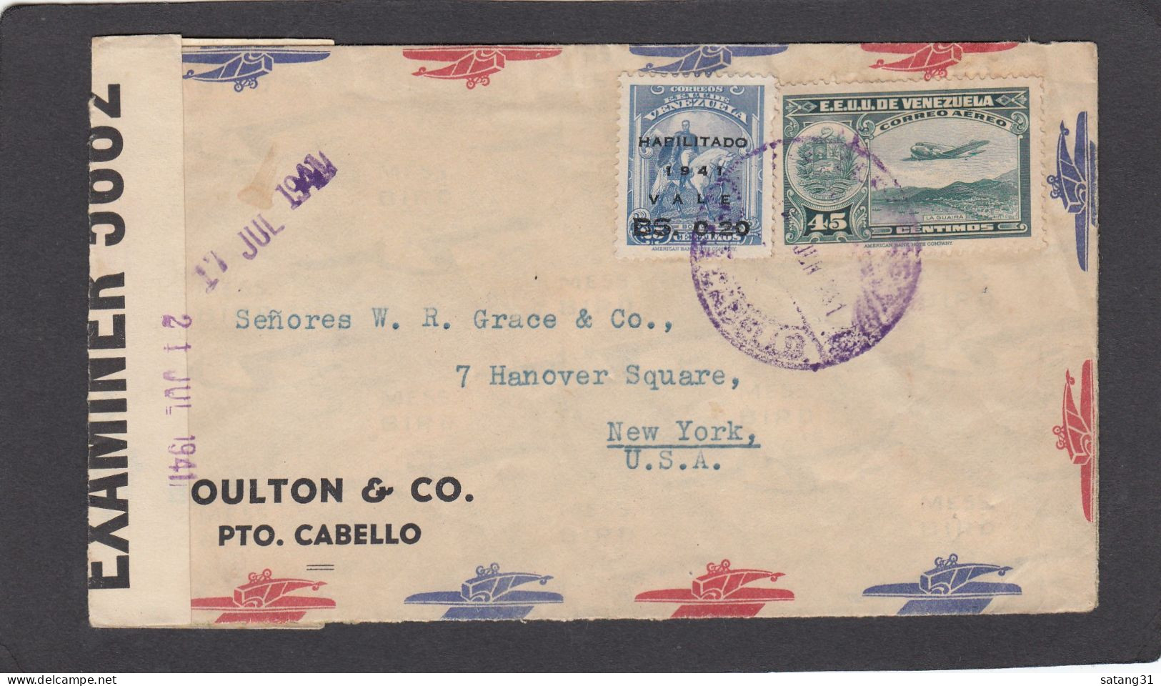 LETTRE PAR AVION DE PUERTO CABELLO POUR NEW YORK,OUVERTE PAR LA CENSURE US,1941. - Venezuela