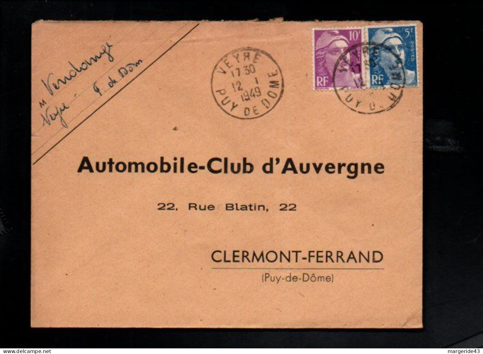 GANDON AFFRANCHISSEMENT COMPOSE SUR LETTRE DE VEYRE PUY DE DOME 1949 - 1921-1960: Moderne