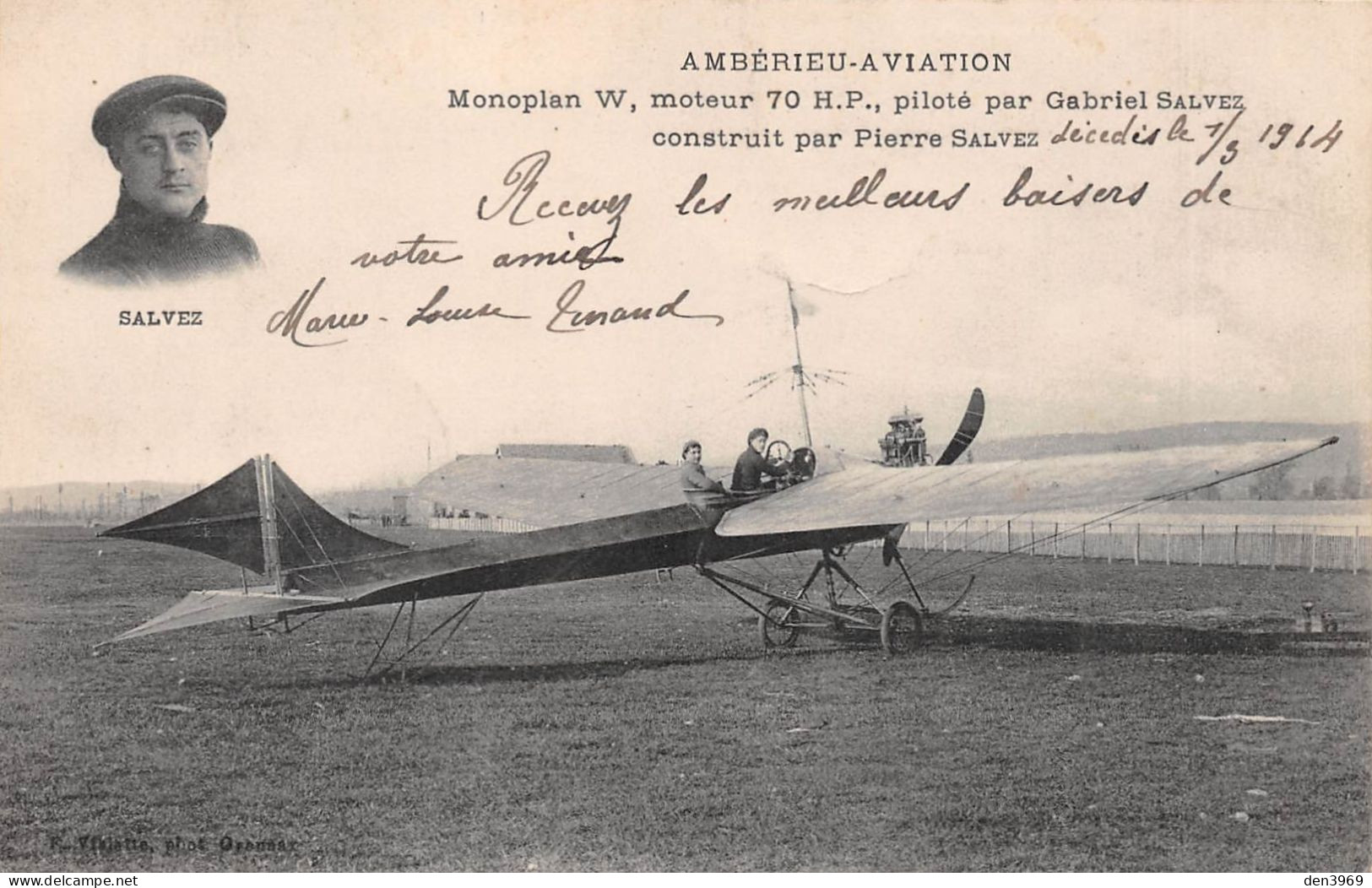 AMBERIEU (Ain) - Aviation - Avion Monoplan Piloté Par Gabriel Salvez, Pilote Né à Mamers - Ecrit 1914 (2 Scans) - Ohne Zuordnung