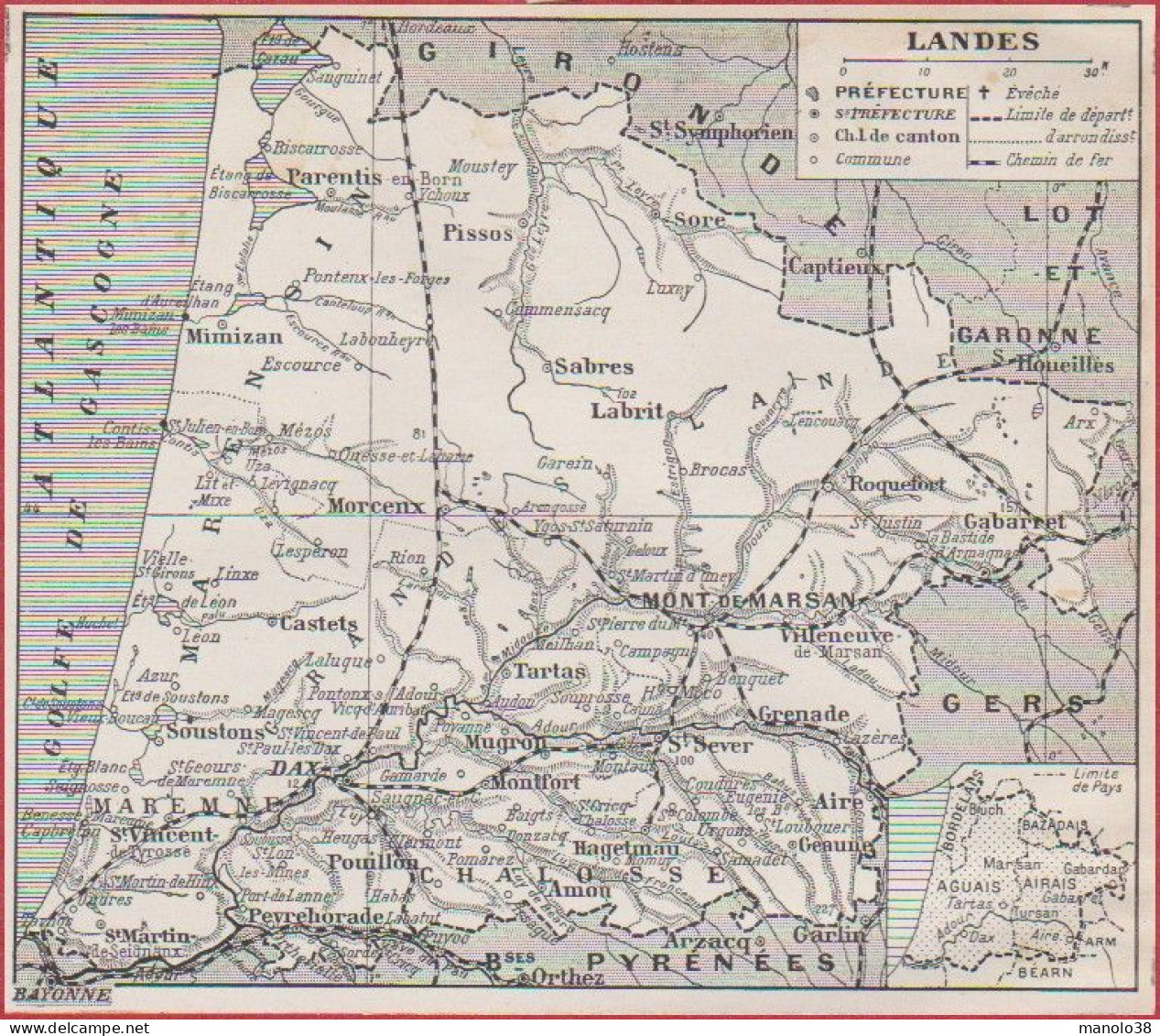 Carte Du Département Des Landes (40), Préfecture, Sous Préfecture, Chef Lieu ... Chemin De Fer. Larousse 1948. - Documents Historiques