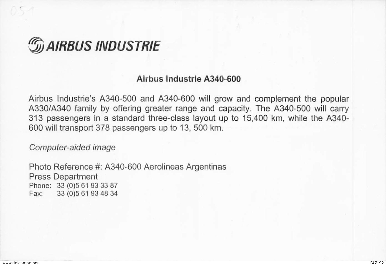 Airbus A340-600 - Aerolinas Argentinas -  +/- 180 X 130 Mm. - Photo Presse Originale - Aviación