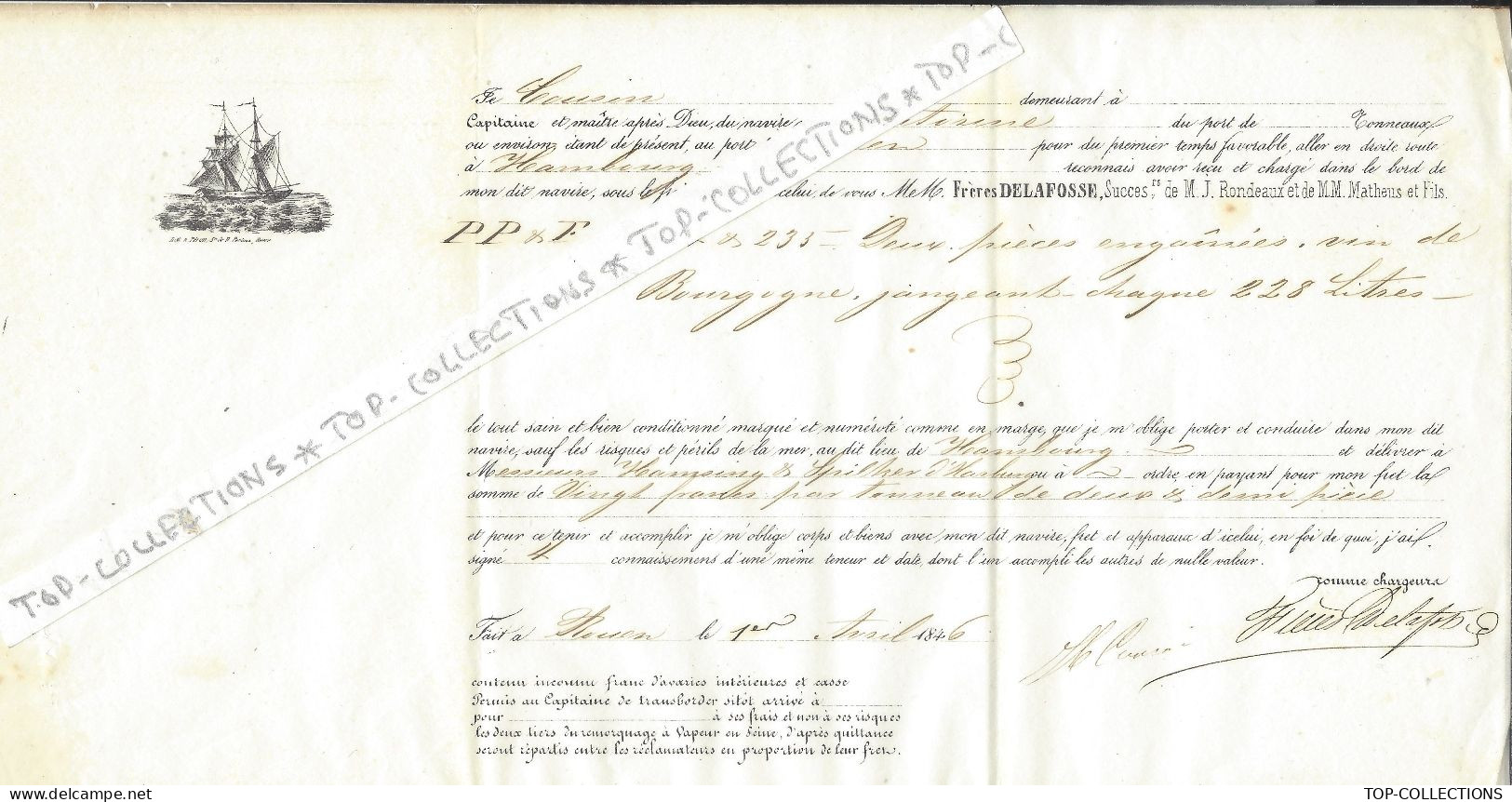 NAVIGATION 1846 CONNAISSEMENT BILL OF LADING Frères Delafosse Rouen Vin De Bourgogne => Hambourg Allemagne V.HISTORIQUE - 1800 – 1899
