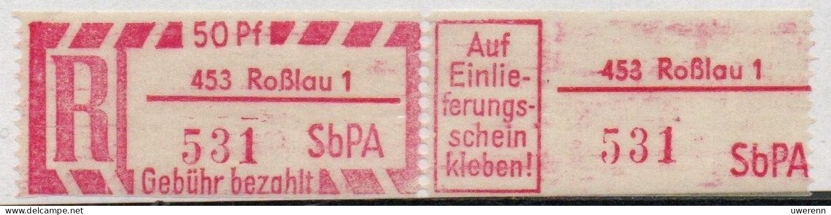 DDR Einschreibemarke Roßlau SbPA Postfrisch, EM2B-453-1II PU + Zh (Mi 2C) - Etiquettes De Recommandé