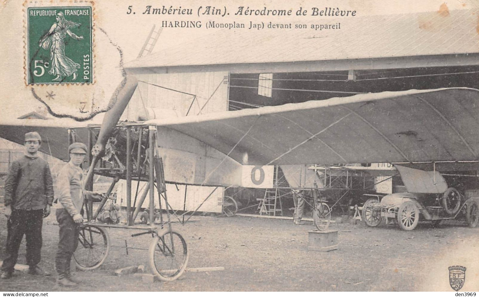 AMBERIEU (Ain) - Aérodrome De Bellièvre - Le Pilote Harding Devant Son Avion Monoplan Jap - Voyagé 1910 (2 Scans) - Unclassified