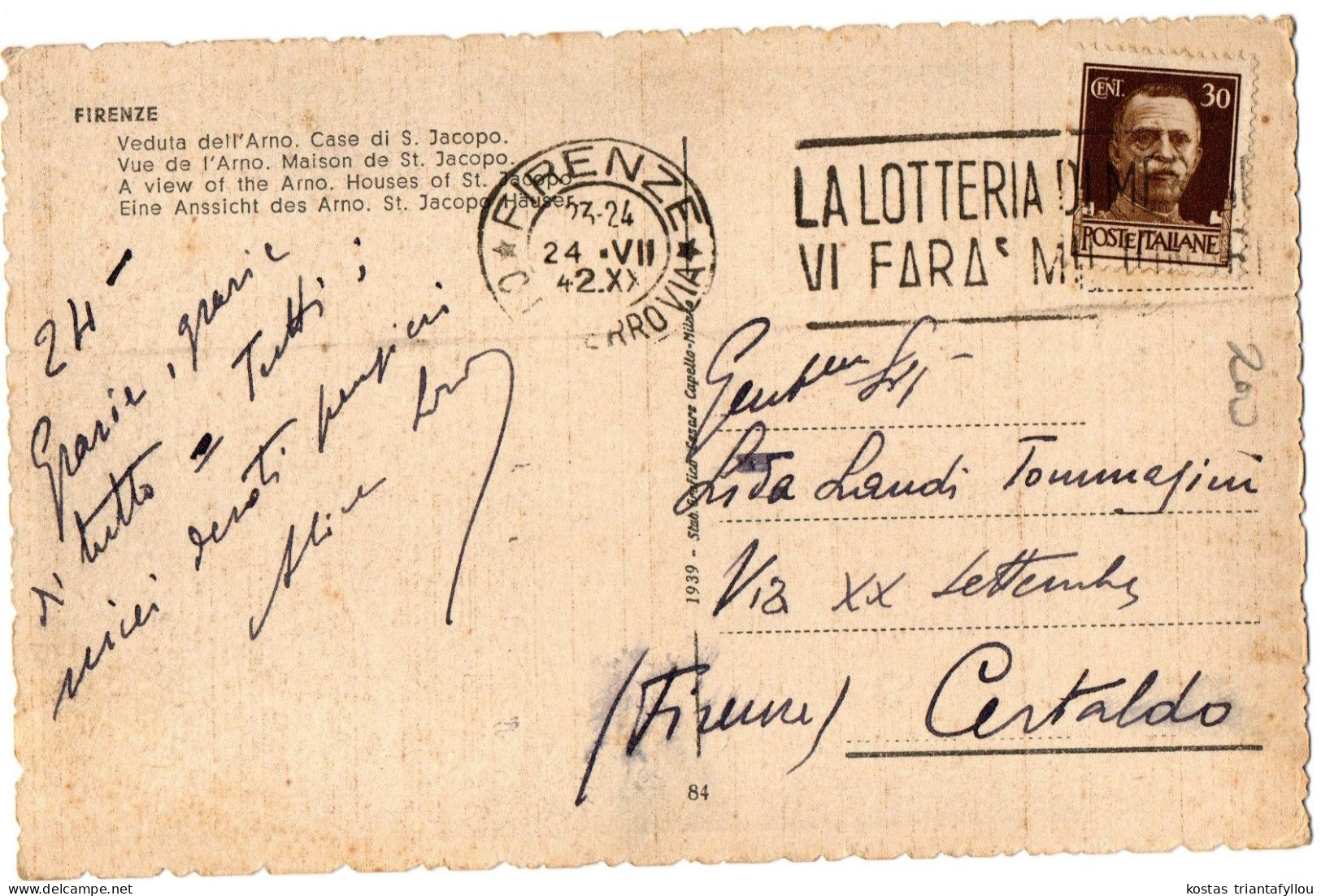 1.7. 29 ITALY, FLORENCE, VEDUTA DELL ARNO. CASE DI S. JACOPO, POSTCARD - Firenze (Florence)