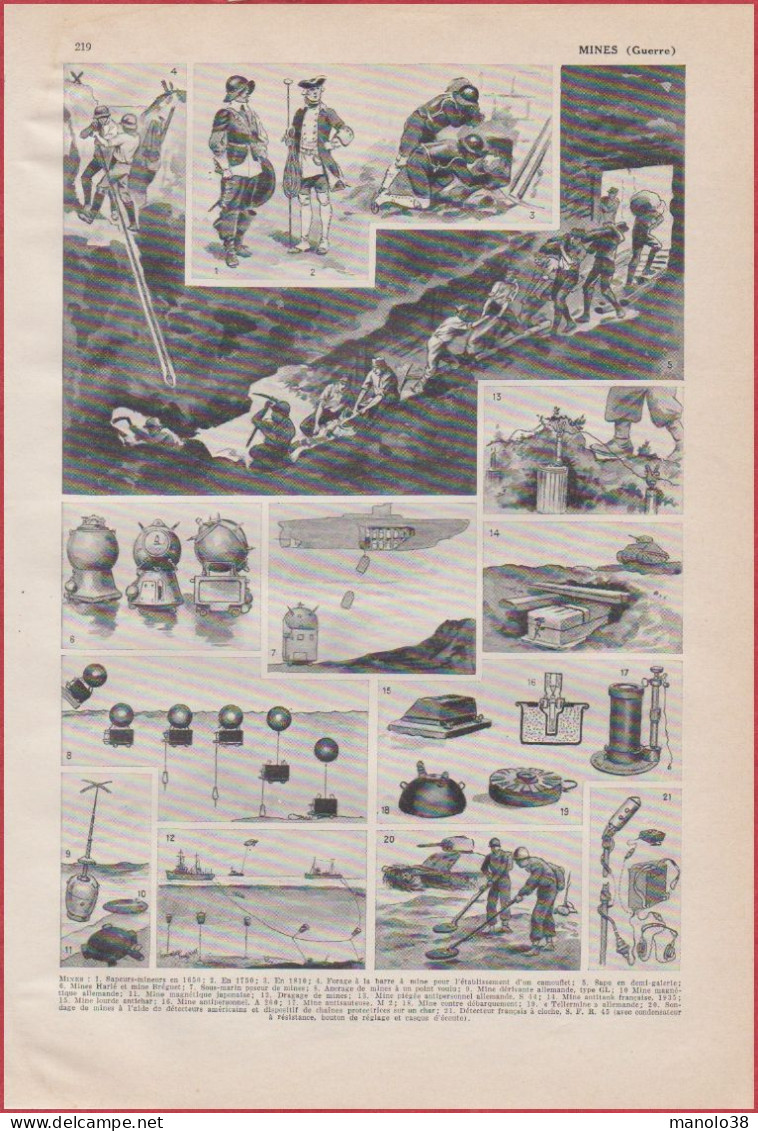 Mines De Guerre. Mine Terrestre Ou Maritime. Sapeurs Mineurs Et Mine Moderne. Larousse 1948. - Documents Historiques