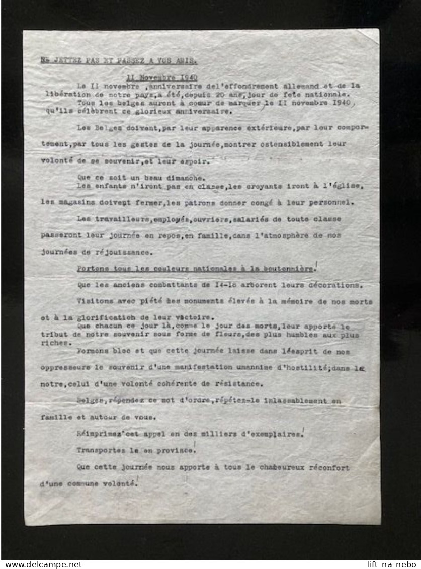 Tract Presse Clandestine Résistance Belge WWII WW2 Invite Pour Le 11 Novembre 1940 (Le 11 Novembre Anniversaire...) - Documents