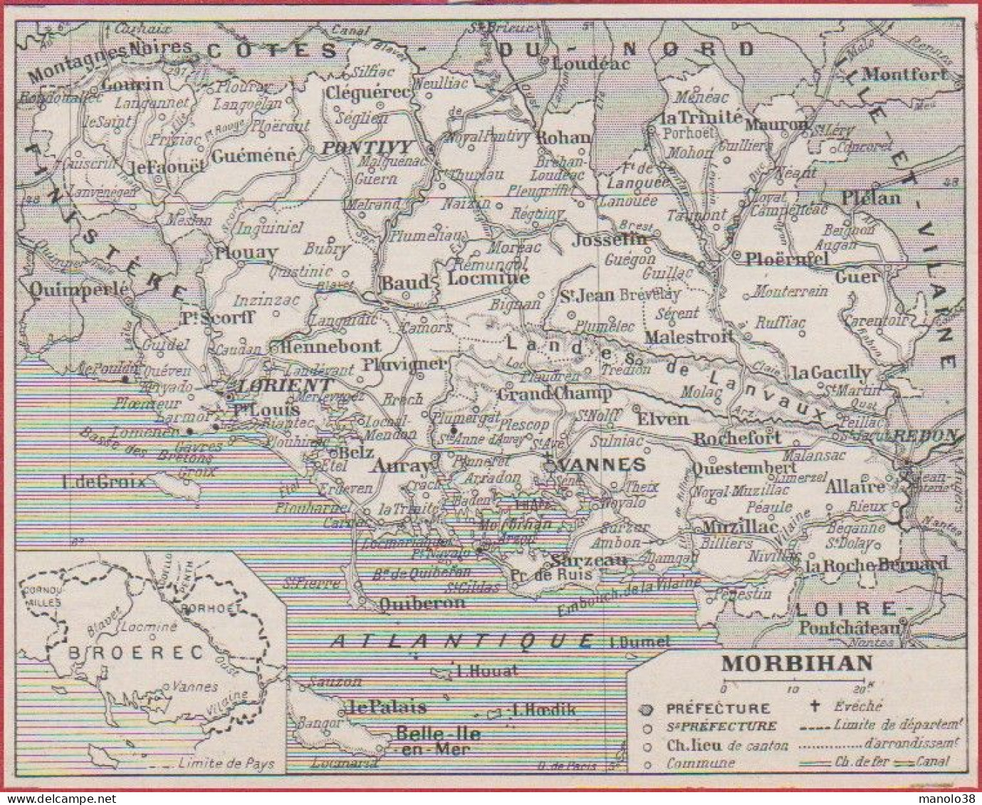 Carte Du Département Du Morbihan (56), Préfecture, Sous Préfecture, Chef Lieu Etc... Chemin De Fer. Larousse 1948. - Historical Documents