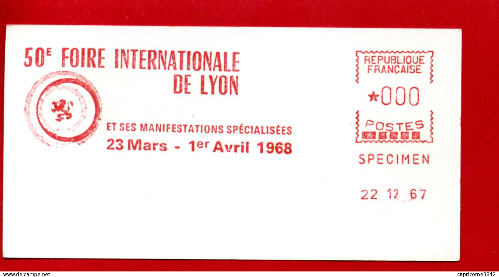 Epreuve D'essai - EMA "SPECIMEN" Machine SECAP - 50e FOIRE INTERNATIONALE DE LYON 1968 - EMA (Empreintes Machines à Affranchir)