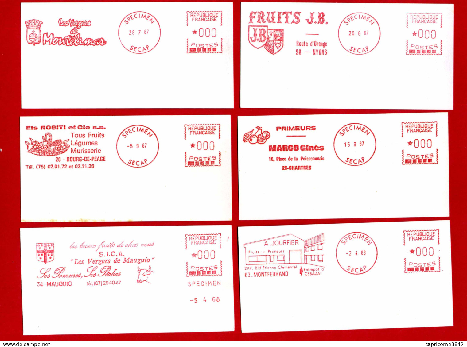 Epreuve D'essai - EMA "SPECIMEN" Machine SECAP - 6 Epreuves - FRUITS Et LEGUMES - EMA (Printer Machine)