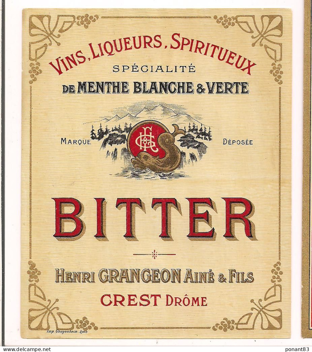 Etiquette Ancienne BITTER - Henri Grangeon Ainé & Fils à Crest - Imprimeur Gougenheim, Lyon - - Alcoholen & Sterke Drank