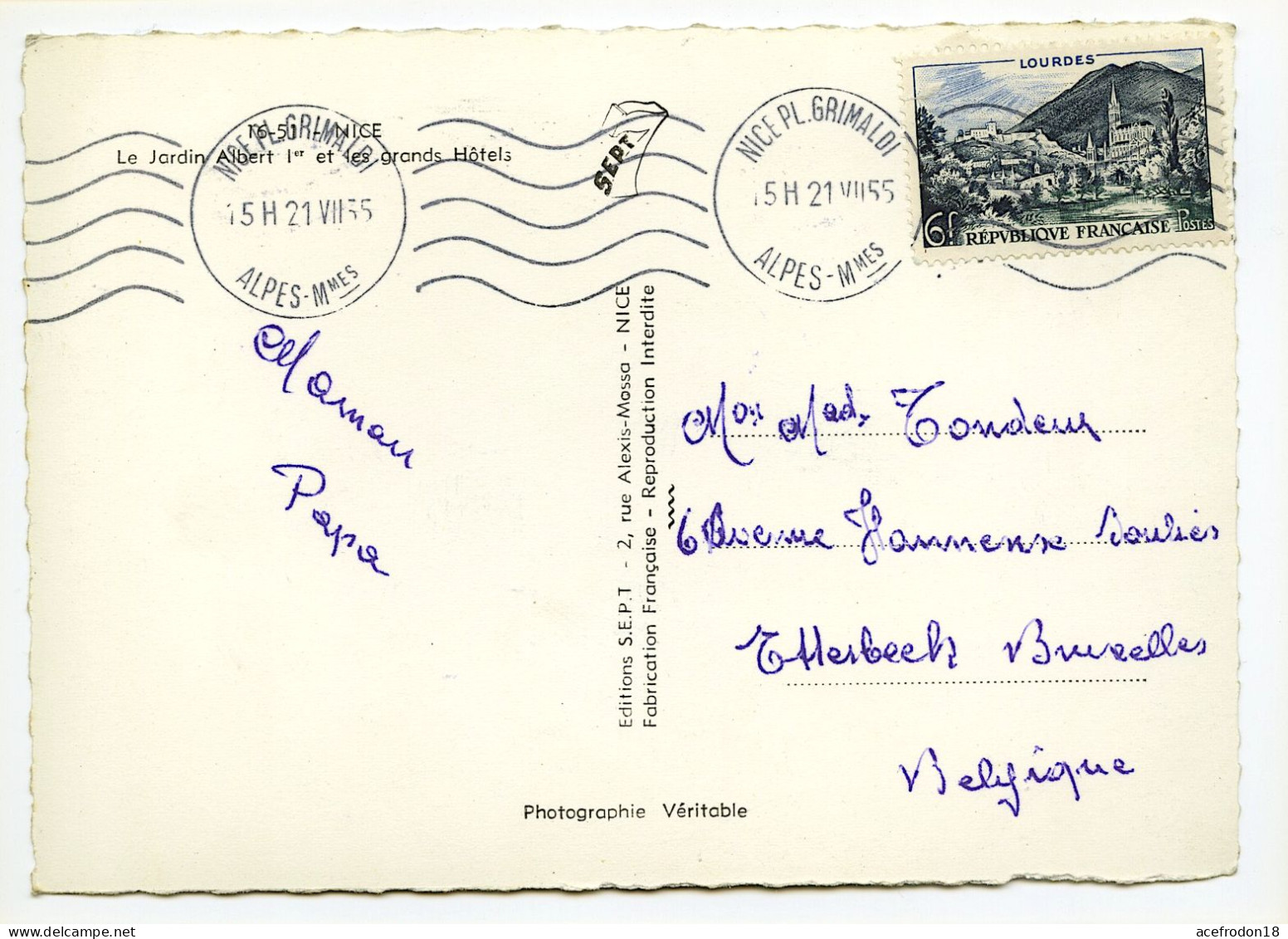 CP Postée De Nice Pour Etterbeek (Belgique) - Timbre Lourdes 6f 1955 - Used Stamps