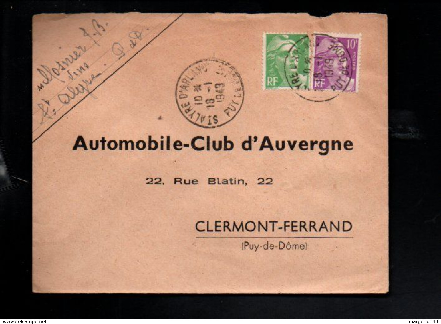 GANDON AFFRANCHISSEMENT COMPOSE SUR LETTRE DE SAINT ALYRE D'ARLANC 1949 - 1921-1960: Modern Period