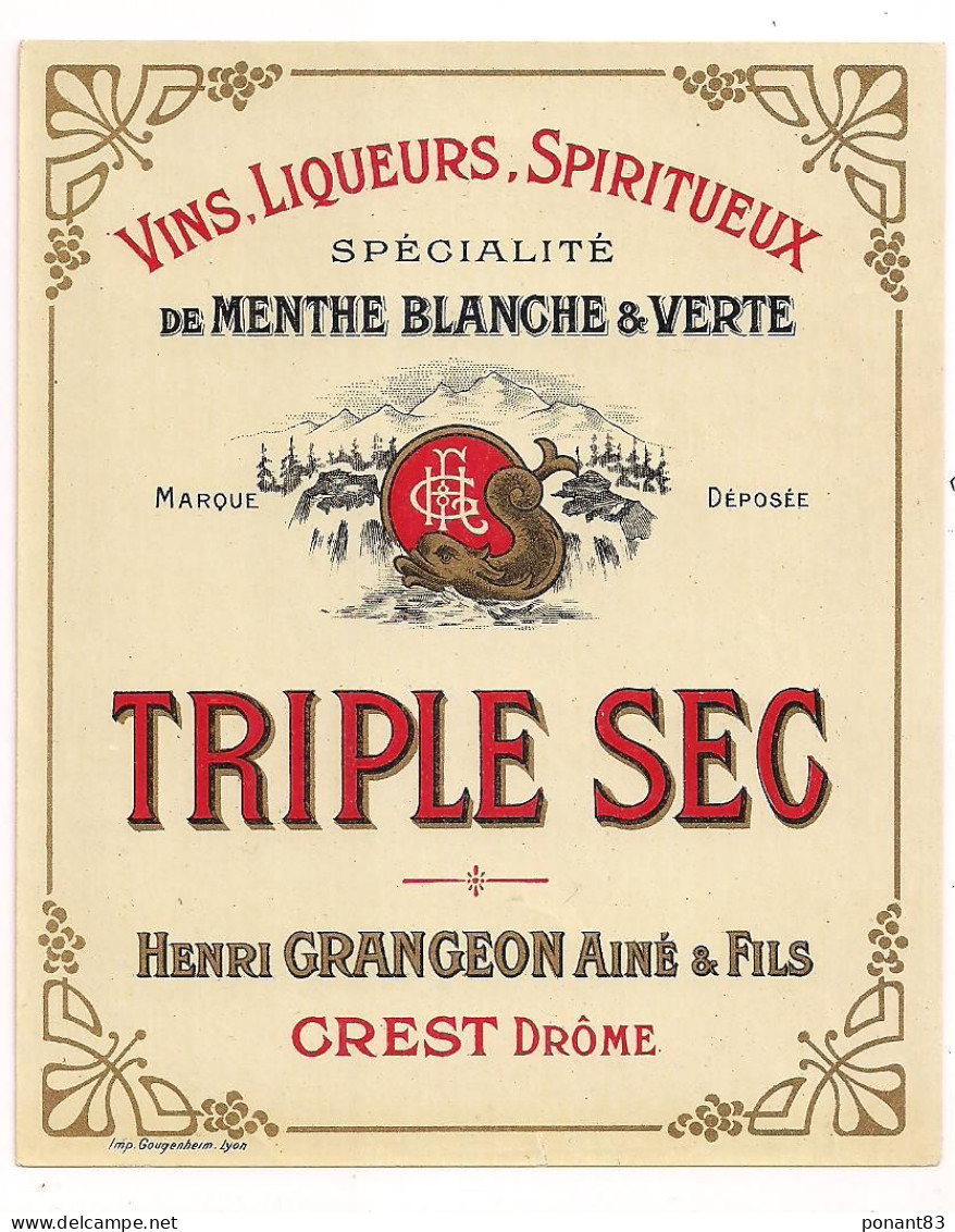 Etiquette Ancienne TRIPLE SEC - Henri Grangeon Ainé & Fils à Crest - Imprimeur Gougenheim, Lyon - - Alkohole & Spirituosen