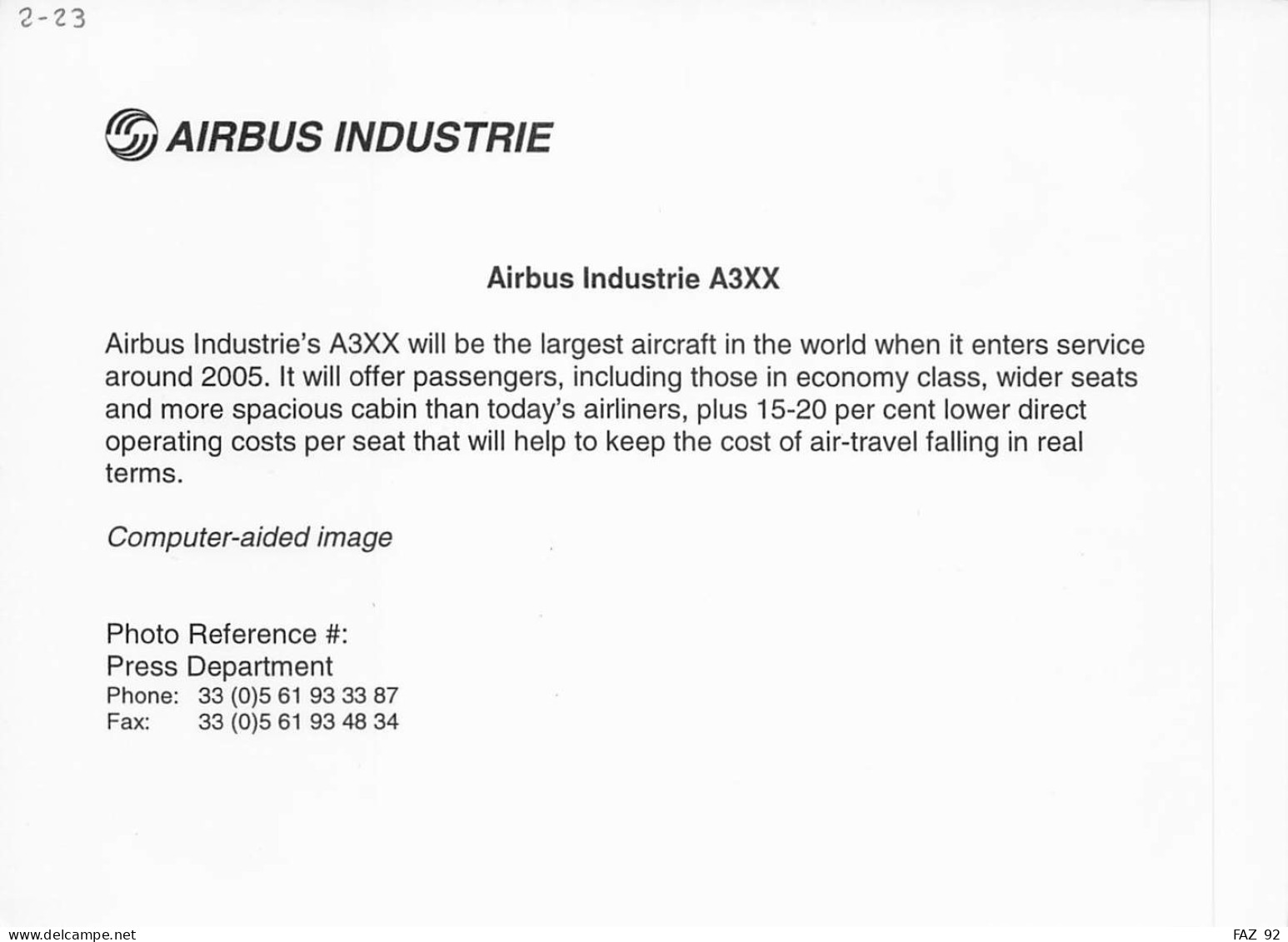 Airbus A3XX-F -  +/- 180 X 130 Mm. - Photo Presse Originale - Aviación