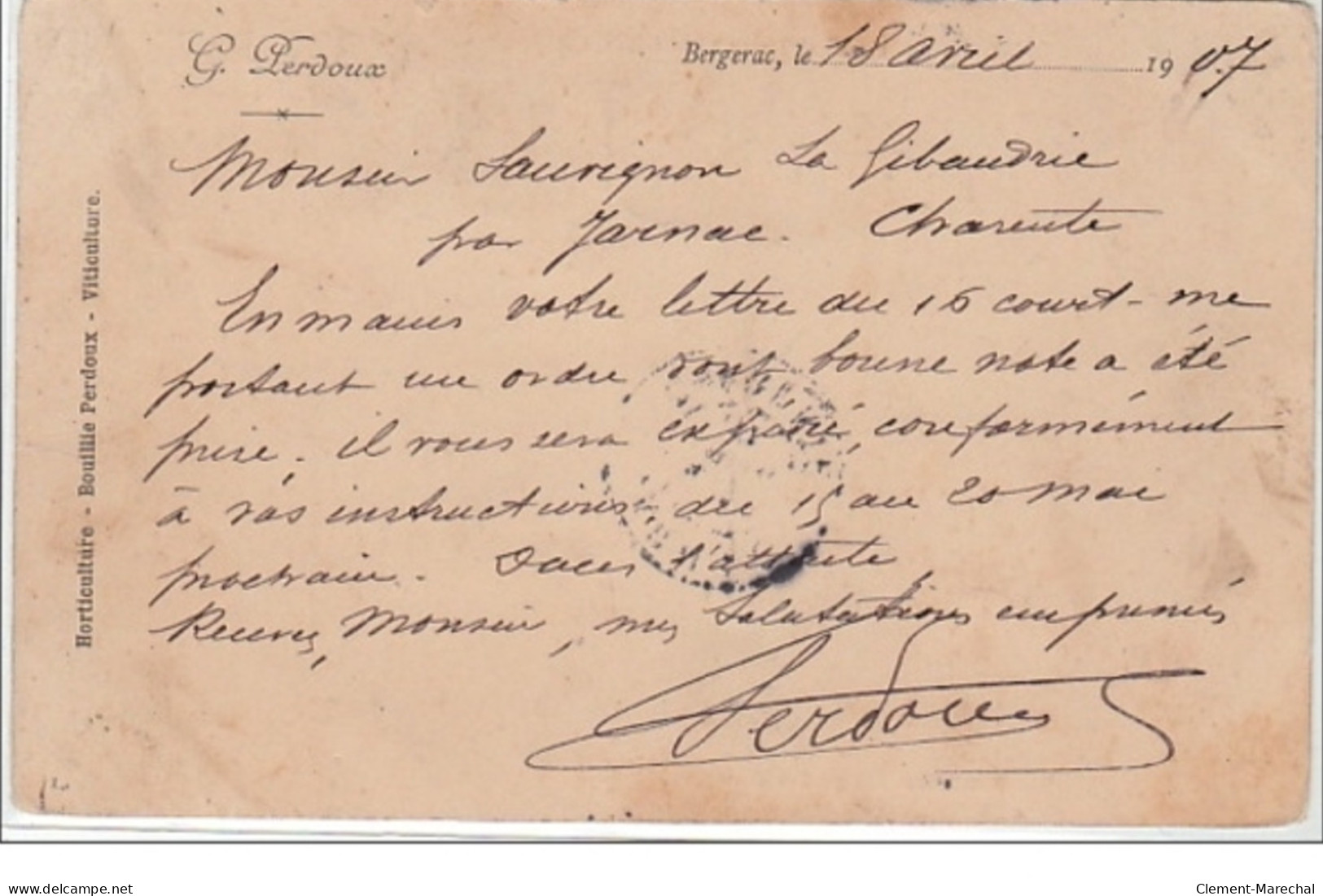 BERGERAC : établissement PERDOUX - Plantation Des Greffes De Vignes - Bon état ( Coins Légèrement Arrondis ) - Autres & Non Classés