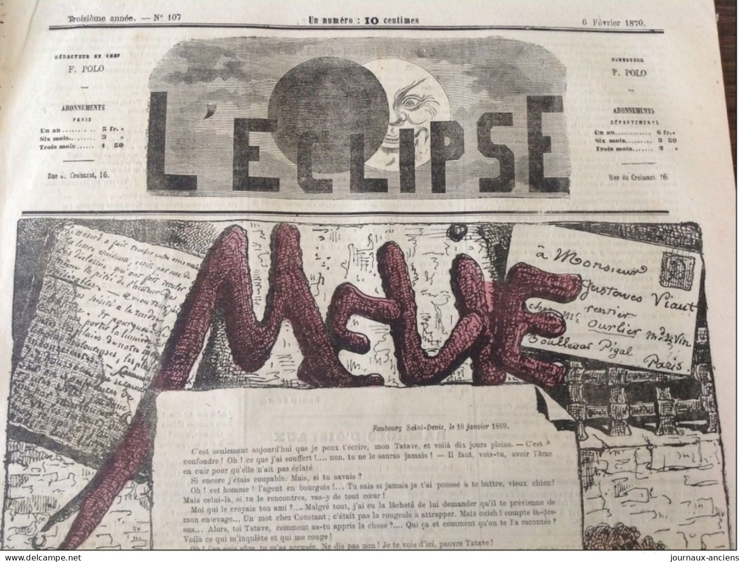 2 Numéros du Journal L'ÉCLIPSE Différents qui portent le N° 107 du 6 Février 1870