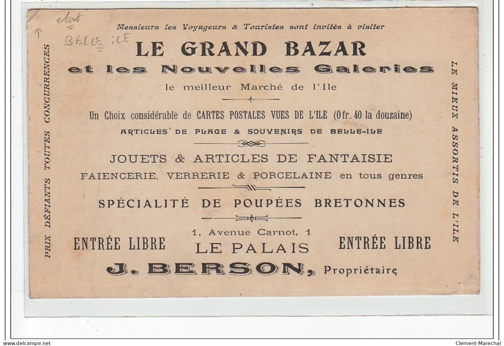 BELLE ILE EN MER : Magasin Aux Grandes Galeries BERSON - Bon état (un Petit Pli D'angle) - Belle Ile En Mer