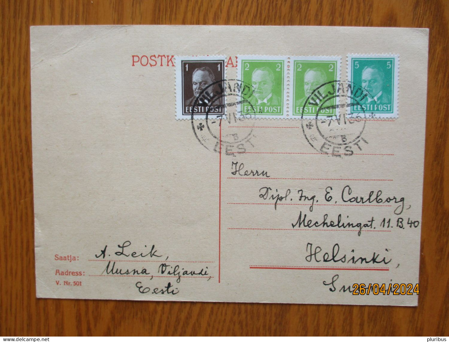 1936 ESTONIA VILJANDI TO FINLAND POSTCARD V.Nr. 501 , 1-1 - Estland