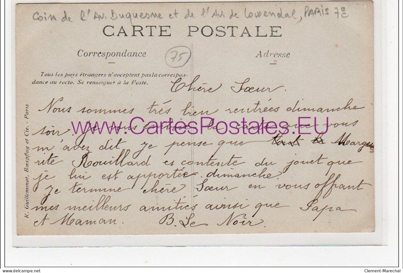 PARIS 7 : Carte Photo Du Restaurant LENOIR """"au Faisan Doré"""" Avenue Duquesne - Très Bon état - Distretto: 07