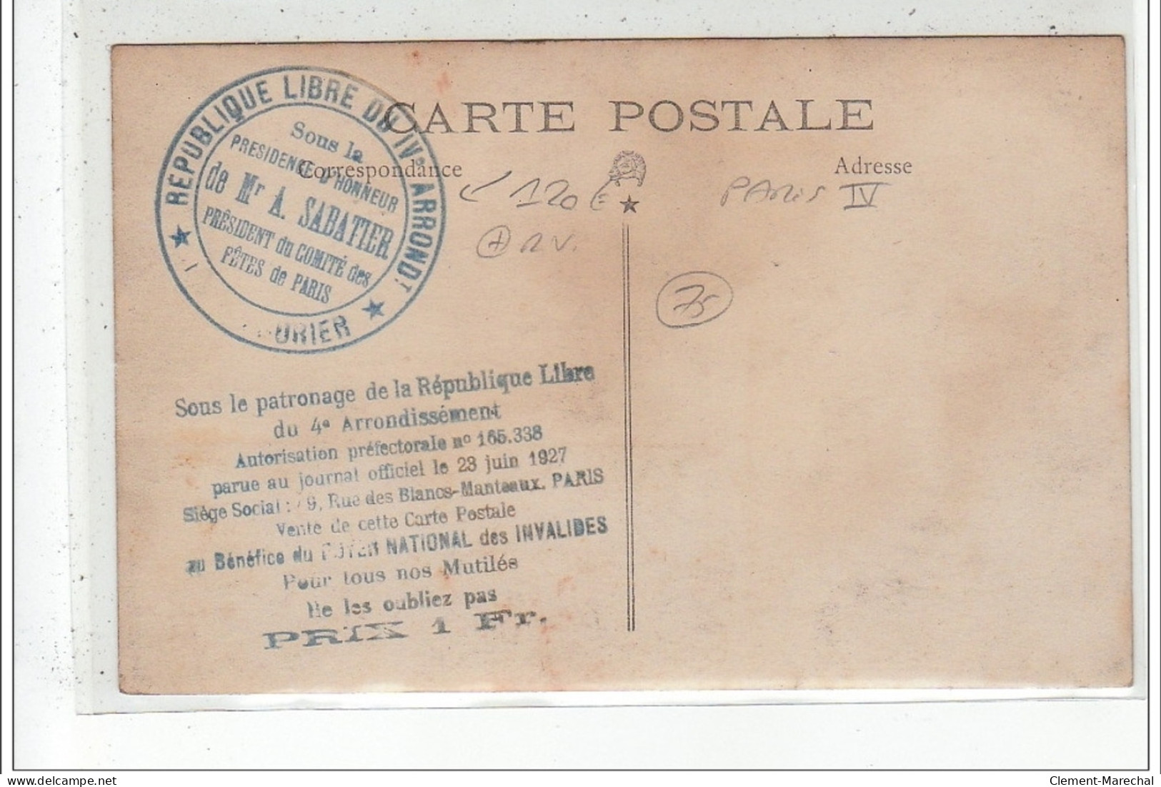 PARIS - CARTE PHOTO - République Libre Du 4è Arrondissement - A. Sabatier, Président D'honneur - Très Bon état - Distretto: 04